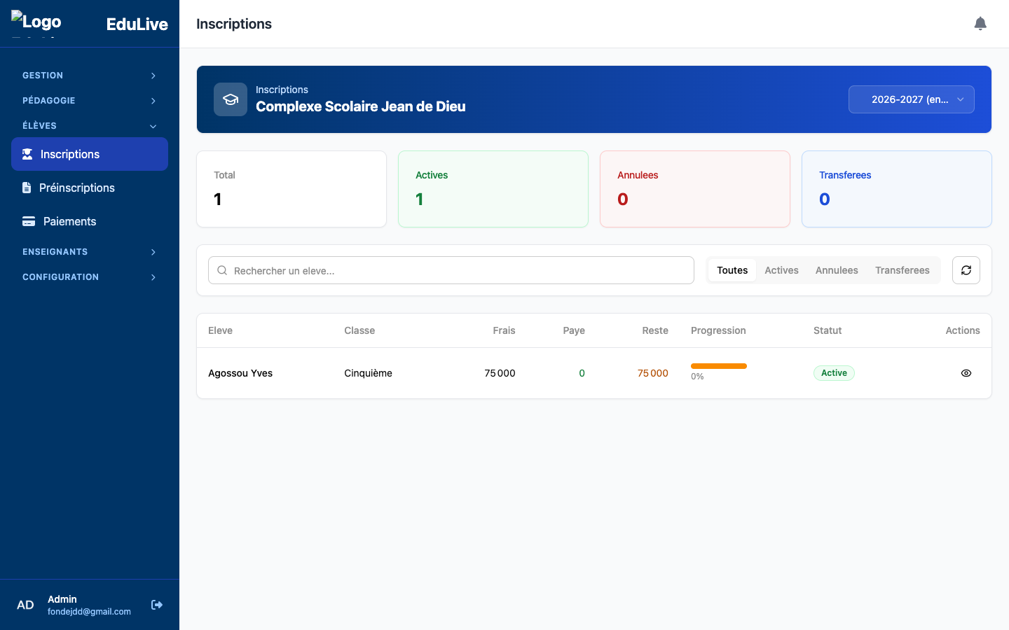 Gestion des inscriptions sur EduLive